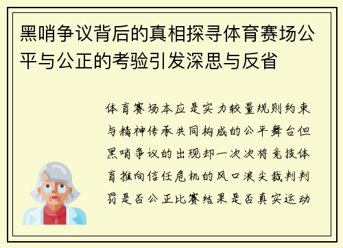 黑哨争议背后的真相探寻体育赛场公平与公正的考验引发深思与反省